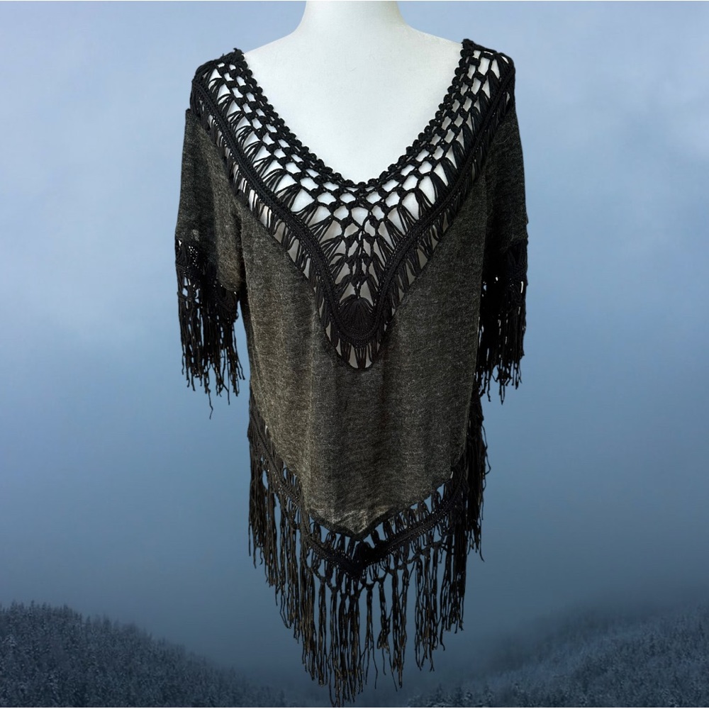 Cecico Dark Gray Black V Neck Crochet Fringe Knit Beach Swim Cover Up Top Large